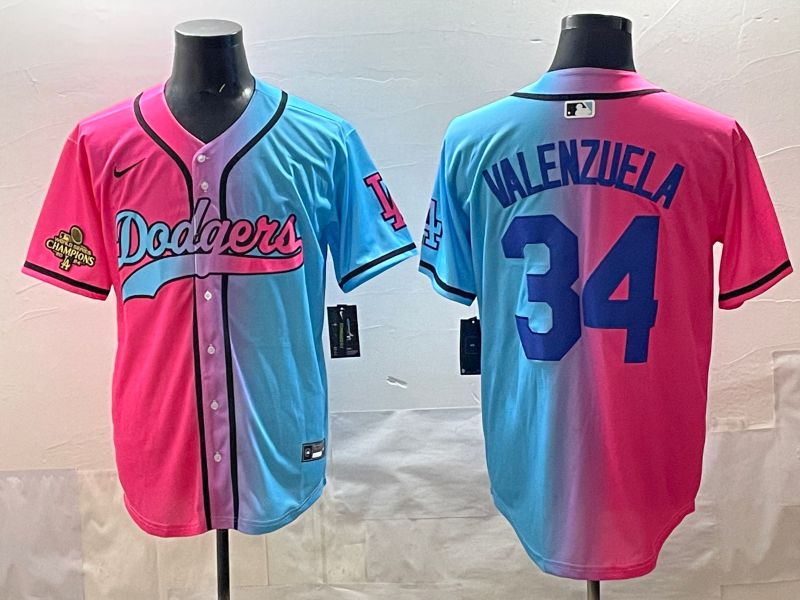 Men 2025 Los Angeles Dodgers #34 Valenzuela Blue pink Game Nike MLB Jersey style 07